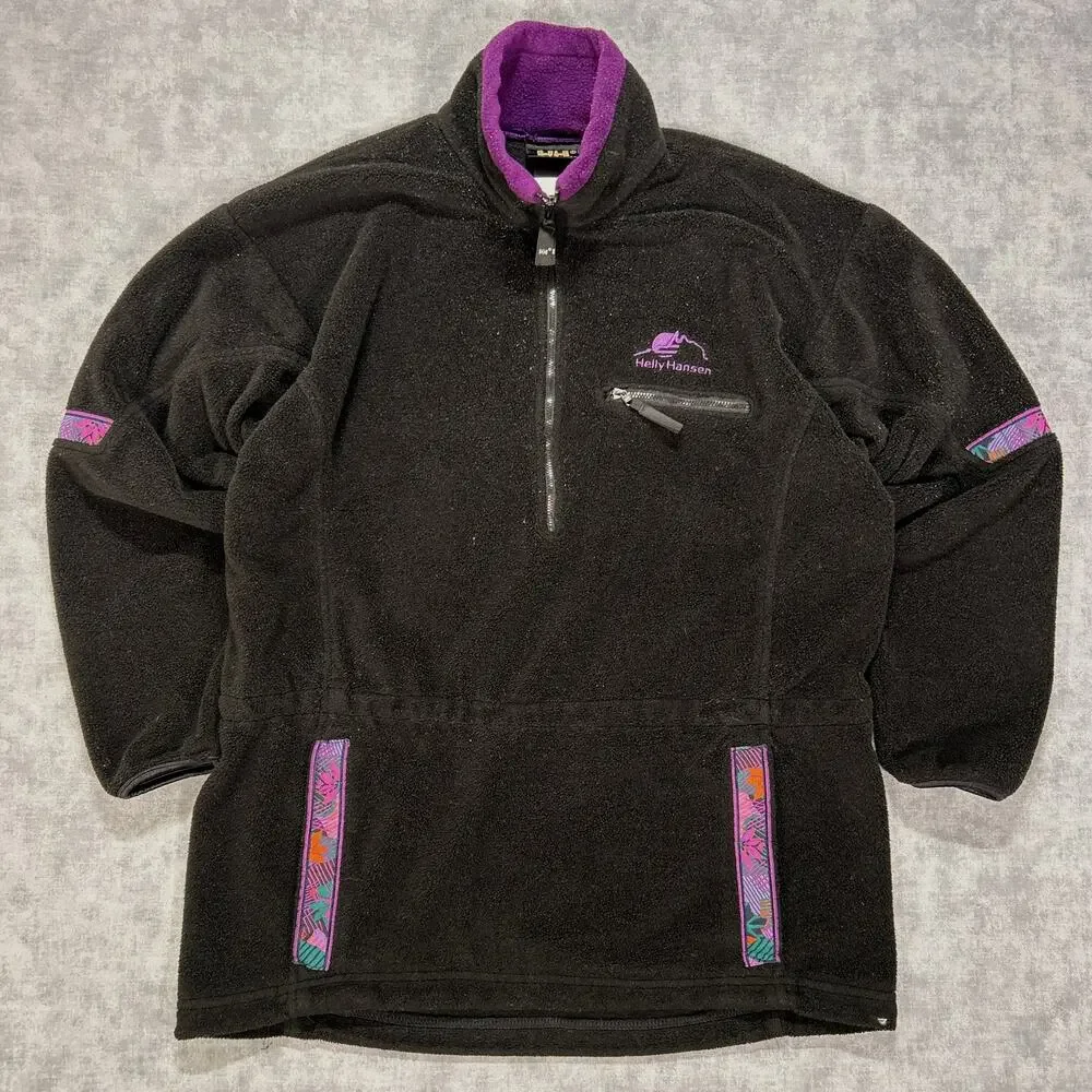 Vintage 90s Helly Hansen Fleece Jacket Half Zip Mens S Black Purple Ski USA Made